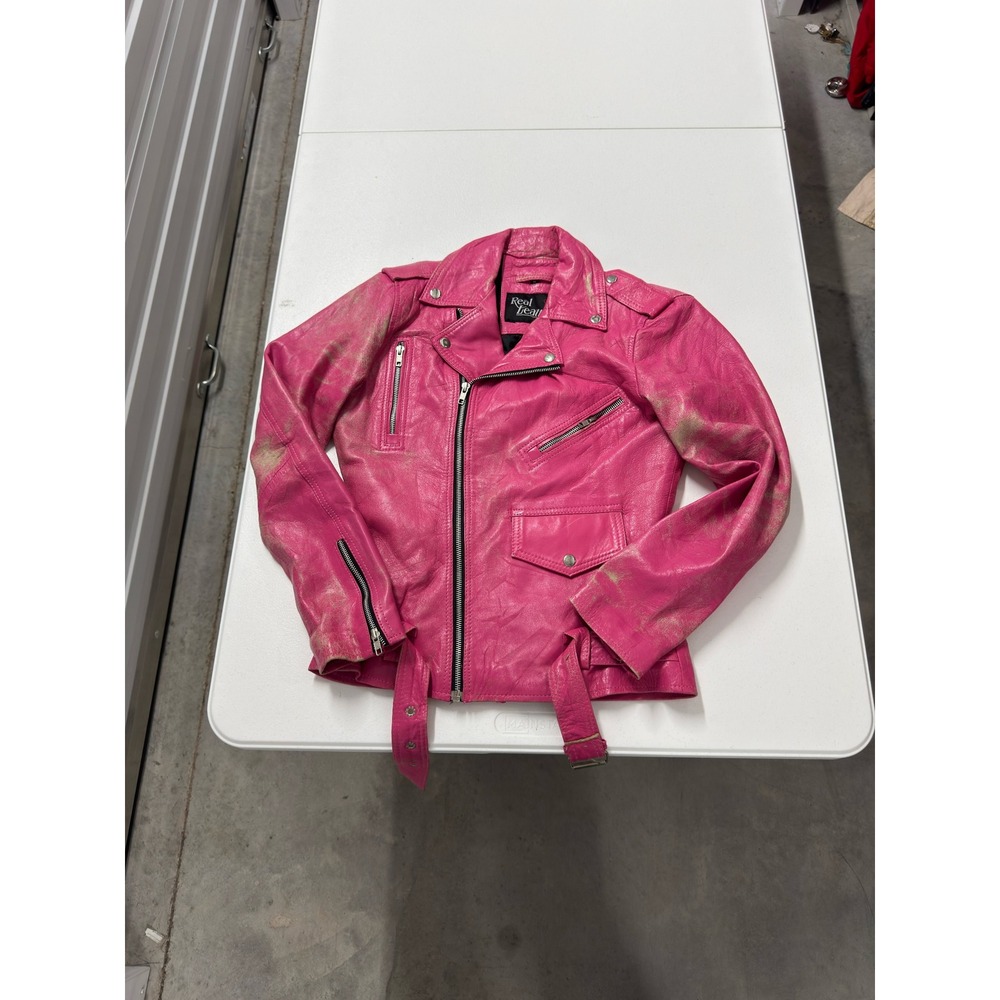 Real Leather Moto Jacket Womens Pink Fair Distressed Biker Belted Asymmetric Zip